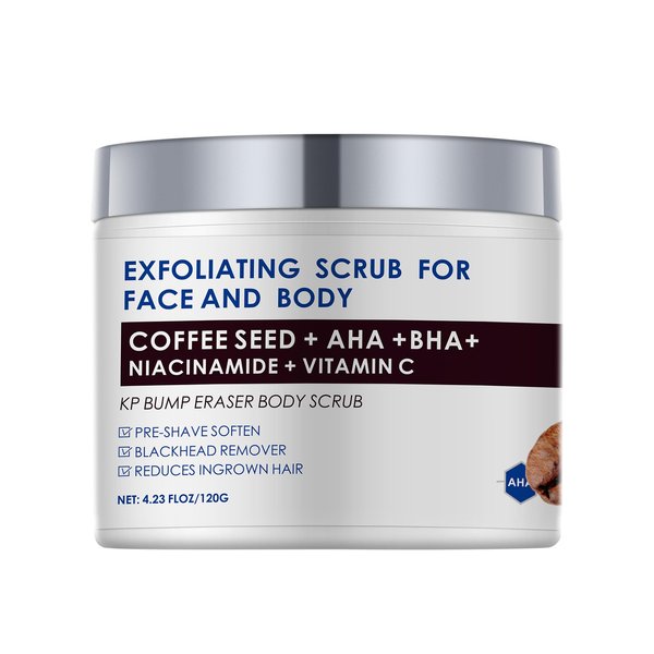 KP Bump Eraser Body Scrub with 10% AHA BHA Ingrown Hair Keratosis Pilaris Razor Bump Treatment Exfoliating Body Scrub Exfoliator Exfoliant Face Scrub for Strawberry Leg Pre-shaven Blackhead 4.23OZ