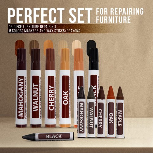RamPro Furniture Markers Touch up, 12 Piece Furniture and Wood Floor Markers and Crayons Repair Kit - 6 Felt Tip Wood Markers, 6 Wax Crayons in Black, Maple, Oak, Cherry, Walnut and Mahogany