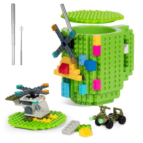 Fubarbar Brick Coffee Mug – Cool Novelty Cup with Lid, Straw & Building Blocks, Funny Xmas/Birthday Gift for Men, Women, Kids(Green)