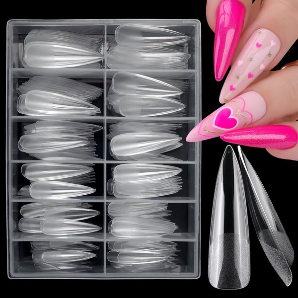 LuckForever 240pc XL Stiletto Gel X Nail Tips Clear Fake Nails Extra Long Stiletto Nail Tips Full Cover Artificial Fingernails XL Soft Gel False Nail Tip for Acrylic Nail Extension Press Nail Making
