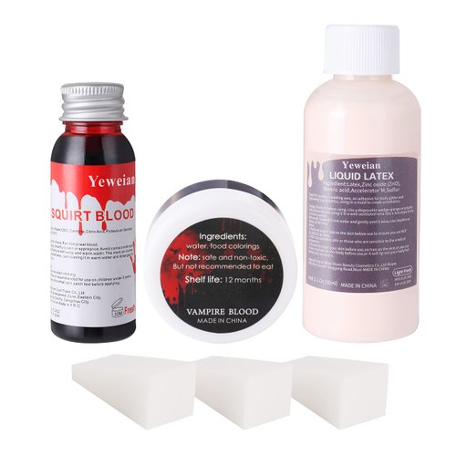Yeweian Liquid Latex SFX Makeup Kit, 2.1Oz Latex Liquid with Coagulated Fake Blood Gel, Squirt Blood and Stipple Sponge, Halloween Monster Zombie Clown Makeup for Scald Burn Scar Wound,Cut,Skin Decay