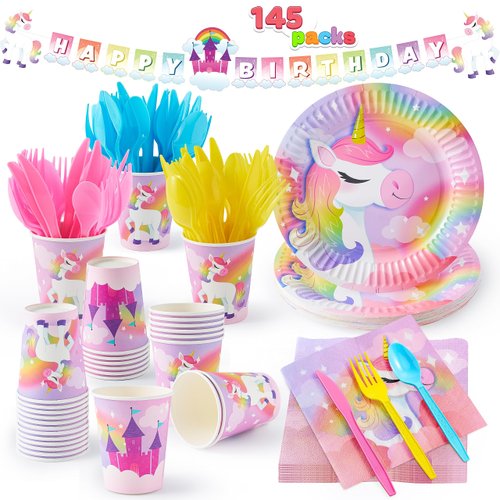 JOYIN 145 Pcs Unicorn Birthday Party Supplies with Unicorn Banner for Girls, 24 Serves Unicorn Disposable Tableware Set with Plates , Cups, Napkins, and Cutlery Sets for Unicorn Themes Party Kids
