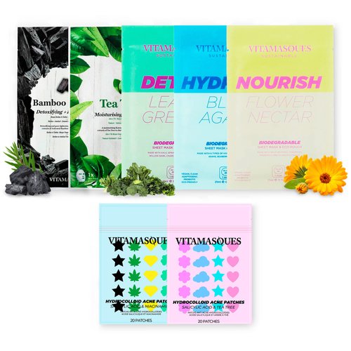 Vitamasques 2-in-1 Crystal Clear Face Mask, 3-Pack - Ruby Peel-Off Facial & Amethyst Mud Mask - Deep Cleansing, Moisturizing, Hydrating & Relaxing