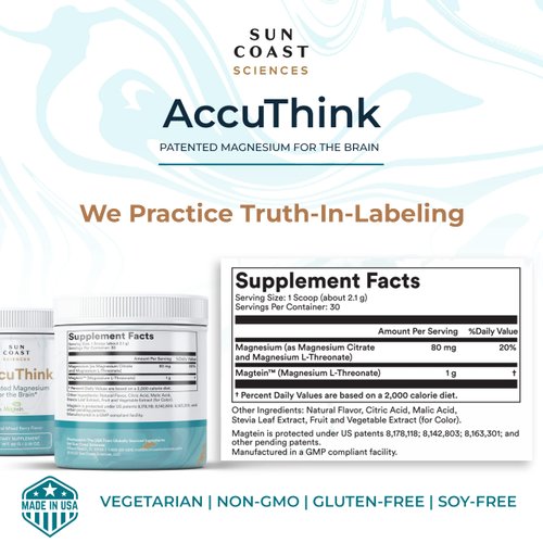 Sun Coast Science Sun Coast Sciences AccuThink - Patented Magnesium Brain - 2.64oz Memory Supplement Brain Health, Sleep, Mood Boost - Cognitive Support Supplement Magnesium Threonate Vitamin C
