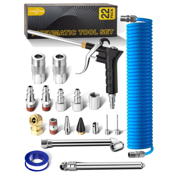 SARDVISA 22-Packs Air Compressor Accessories Kit, 25FT Upgrade Repairable Air Hose with 1/4'' NPT Air Tool Kit, Air Blow Gun/Air Chuck/Tire Gauge, Pneumatic Tool Set