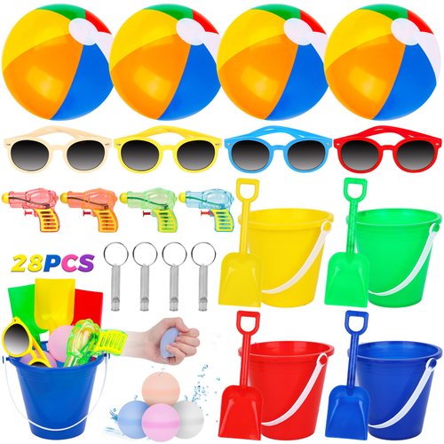 3 otters 28PCS Pool Party Favors Beach Party Favors, Party Bag Stuffers for Kids Include Beach Balls, Kids Sunglasses Bulk, Kids Whistle Accessories, and More for Summer Birthday Party