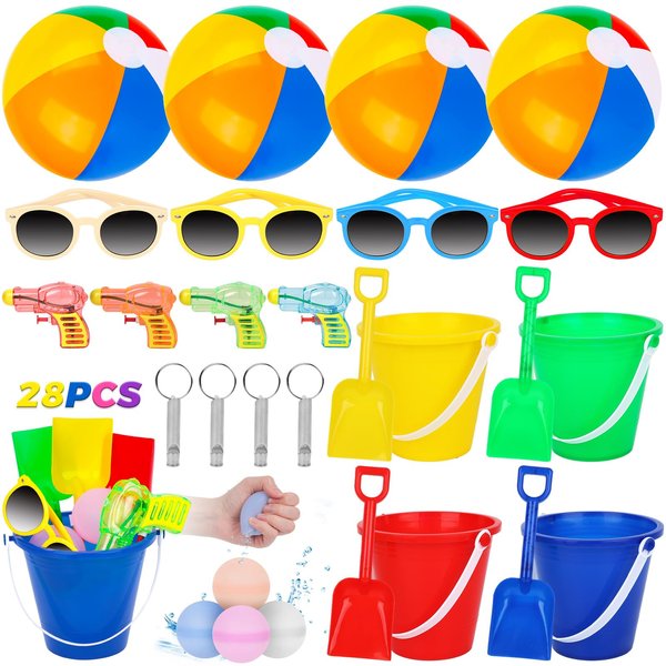 3 otters 28PCS Pool Party Favors Beach Party Favors, Party Bag Stuffers for Kids Include Beach Balls, Kids Sunglasses Bulk, Kids Whistle Accessories, and More for Summer Birthday Party
