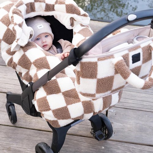 7AM Enfant Car Seat Covers - Cocoon Baby Cover for Boys & Girls, Rain & Snow Repellent, Breathable Windproof, Center Zipper, Universal Fit for Infant Car Seat (0-12M) (Print Checkers Tan)