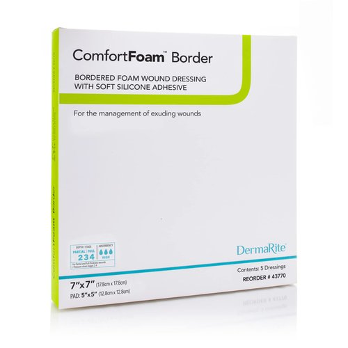 ComfortFoam Border Foam Wound Dressing, 7”x 7”, 5 Pack, Soft Silicone Adhesive, Highly Absorbent, Latex Free, Self-Adherent, Showerproof, Flexible, Cut to Fit