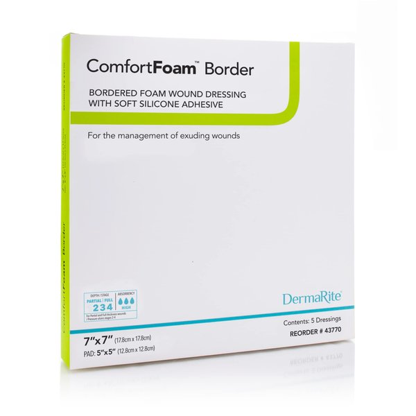 ComfortFoam Border Foam Wound Dressing, 7”x 7”, 5 Pack, Soft Silicone Adhesive, Highly Absorbent, Latex Free, Self-Adherent, Showerproof, Flexible, Cut to Fit