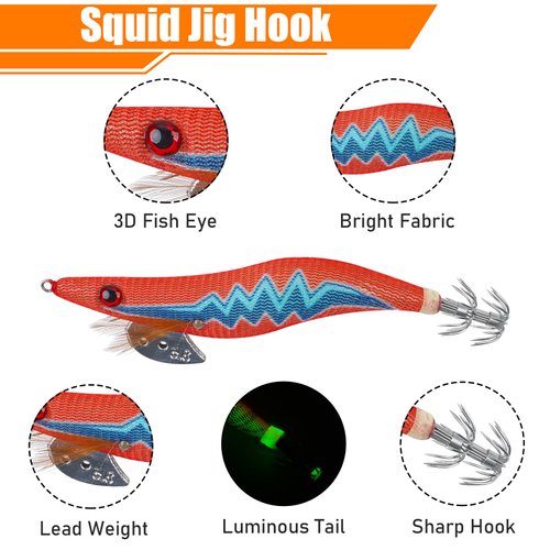 5pcs Luminous Squid Jigs Saltwater Fishing Lures Glow Tail Squid Jig Hooks Stainless Steel Needles Cuttlefish Sleeve Squid Jig Baits Night Fishing