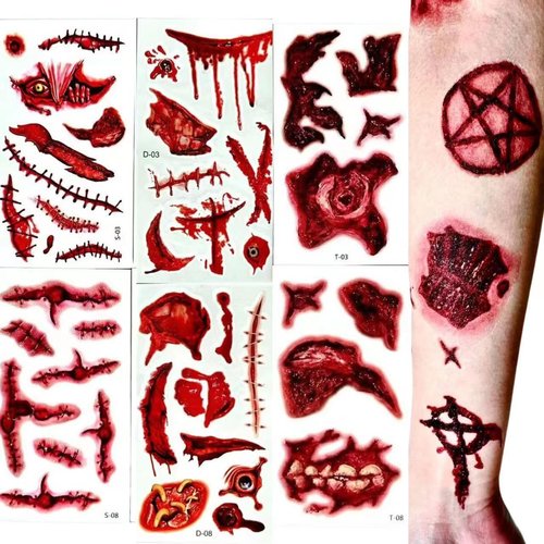 Gismelio Halloween Scar Temporary Tattoos, 3D Waterproof Prank Zombie Party Temporary Tattoo Sticker, Realistic Simulation Blood Wound Stitch Tattoo Sticker (Halloween Scar S Series 20PC)