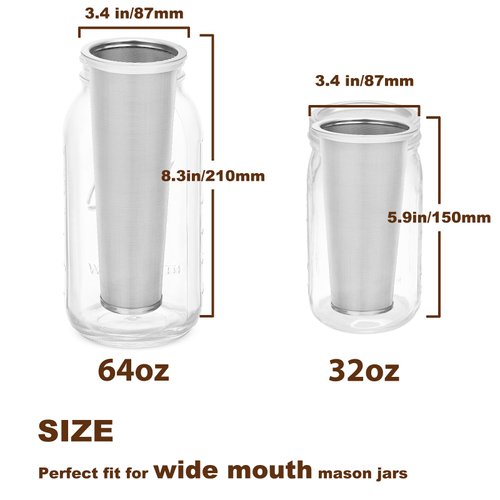 Cold Brew Coffee Filter for 64 OZ Wide Mouth Mason Jar, 304 Stainless Steel Strainer with Seal Ring for Iced Drinks, Sun Tea Infuser and Cold Brew Coffee Maker