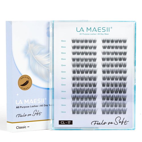 LA MAESII Lash Clusters, Cluster Eyelash Extensions Eyelash Clusters, Wispy & Natural Individual Lashes 144 Clusters Lashes C Curl, Super Soft & Thin Band Reusable Plus Box(17C-Plus)
