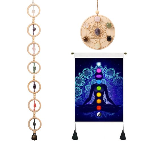 Natural Crystal Gemstone Hanging Ornaments Set -Handmade 7 Chakra Crystal Energy Feng Shui Ornaments,Healing Chakra Gemstones Wooden Grid Sacred and Mandala Tapestry for Home Decoration Window Decor
