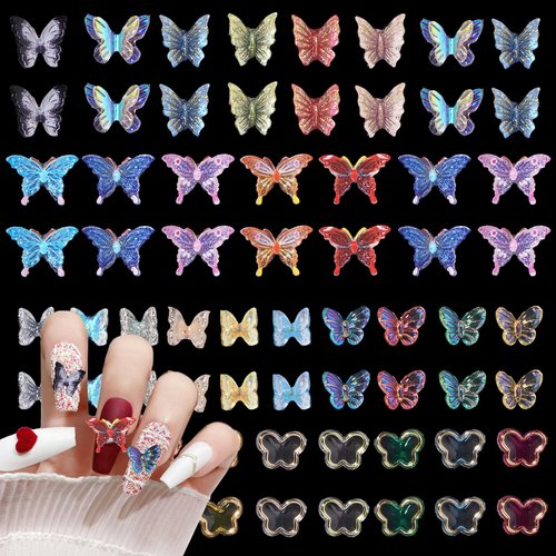 100Pcs 3D Butterfly Nail Charms Assorted Mix Color Butterfly White Pink Purple Green Butterfly for Nail Charms DIY Cute Nail Charms for Nail Art DIY Accessories