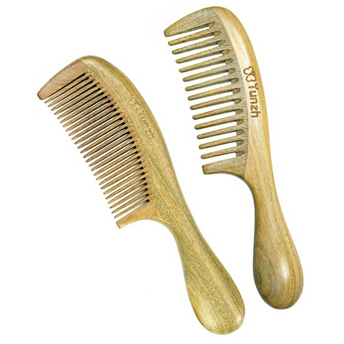 YunZh Wide Tooth Comb and Fine Tooth Combs, Natural Green Sandalwood Wooden Comb Set for Women Men(2PCS)