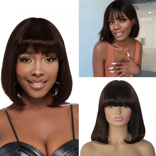 Savasana Short Brown Bob Wigs With Bangs None Lace Front Wigs 12In Light Yaki Straight Human Hair 180% Density 2x1 HD Lace Glueless Wigs Brown Short Bob Wigs with Bangs for Black Women