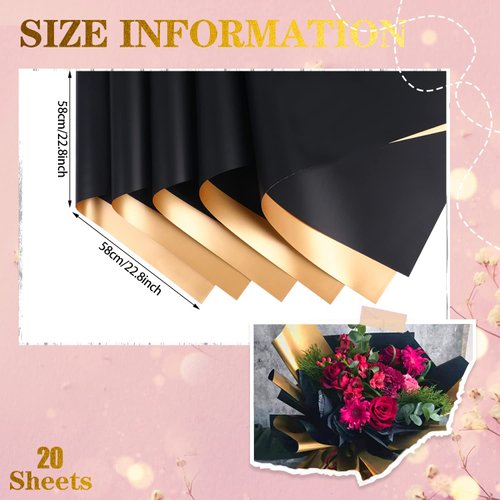 CCINEE 20 Sheets Double Sided Gloden Flower Wrapping Paper Waterproof Fresh Flower Packing Material Florist Bouquet Supplies DIY Craft Gift Packing,Black+Gold