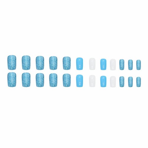 MISUD Short Square Press on Nails Squoval Fake Nails Glossy Glue on Nails Summer Blue Acrylic Nails White Gel Artificial Nails Bling Glitter Stick on False Nails with Design 24 pcs