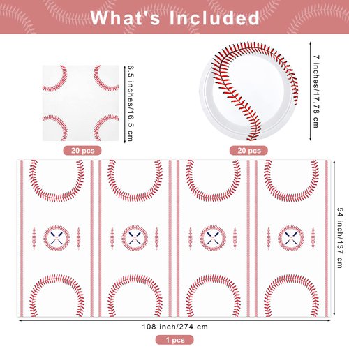 durony 41 Pack Baseball Party Decorations 108 x 54 Inch Plastic Baseball Tablecloth Paper Plates Napkins Disposable for Sports Theme Baseball Party Supplies Serve 20 Guests