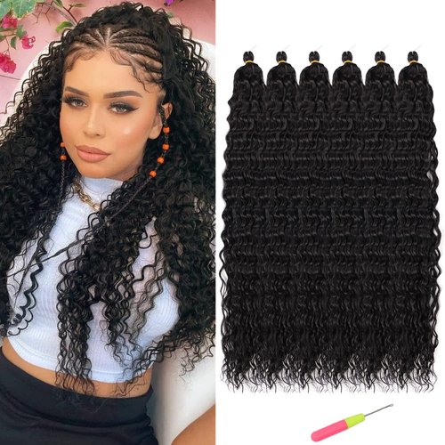 MAYSA Ocean Wave Braiding Crochet Hair Extensions 30in 6Packs Natural Black Crochet Hair Soft Synthetic Curly Crochet Hair for Black Women #1B