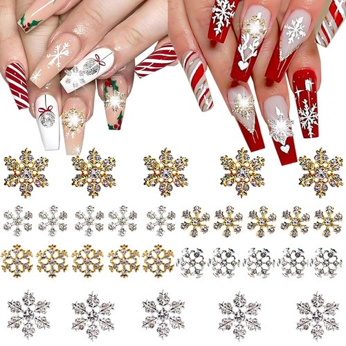 COOSLIM 30PCS Christmas Snowflake Nail Charms, Silver Snowflake Nail Art Charms for Acrylic Nails, 3D Alloy Snowflake Charms for Women Manicure DIY Crystals Winter Christmas Nails S3