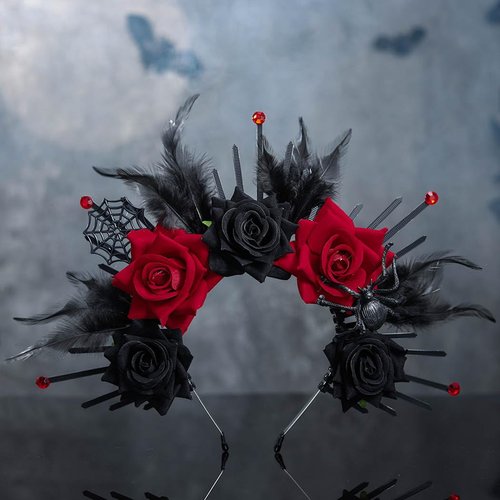 Yalice Black Fower Halo Crown Headband Gothic Day of the Dead Headbands Floral Dark Fairy Tiaras Headpieces Halloween Costume Headdress Witch Spider Hair Accessories