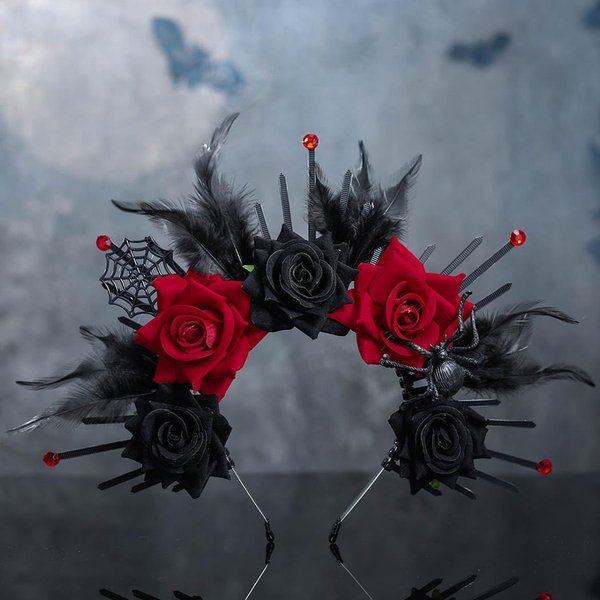 Yalice Black Fower Halo Crown Headband Gothic Day of the Dead Headbands Floral Dark Fairy Tiaras Headpieces Halloween Costume Headdress Witch Spider Hair Accessories