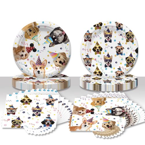 Dog Party Decorations ,20 Pcs Plates and 20 Pcs Napkins , Puppy Paw Print For Dog Birthday Party Tableware Favors,Severs 20