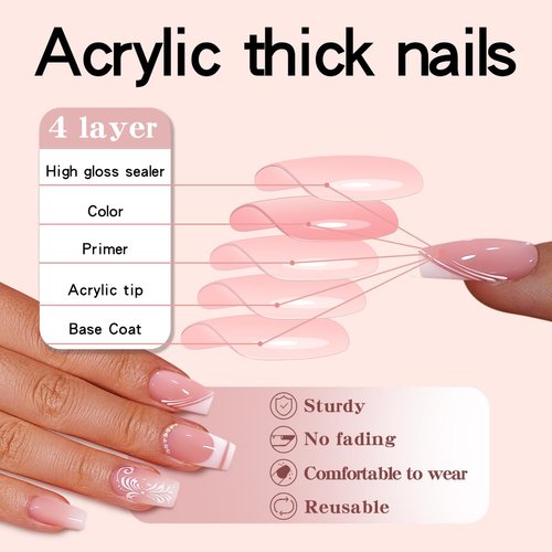Leuhiove 24 Pcs Bling Press on Nails Medium Length With White Flower Glue Glitter Rhinestones Fake Nails Acrylic Ballerina on Nails Press ons Design Coffin French Tip False Nails for Women and Girls