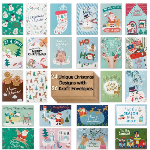 24 Cute Christmas Cards Assorted - Joyful Christmas Greeting Cards in 24 Unique Designs -Happy Holiday Cards- Family Christmas Cards- Bulk Assorted Christmas Cards with Envelopes, 4 x 6 Inches
