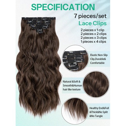 KooKaStyle Clip in Hair Extensions for Women with Thinning Hair，7PCS 20 Inch Thick Long Wavy Hair Extensions Clip Ins，Chocolate Brown with Dark Brown Synthetic Hairpiece for Daily Use Voluminous Look