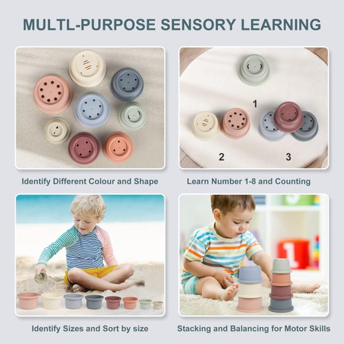 Baby Stacking Cups Bath Toy for Toddlers 1-3,8PCS Stackable Nesting Cups Water Pool Tub Toy for 6-12 Months Infant,Early Educational Develop Montessori Gift for 2-4 Years Old Boys Girls