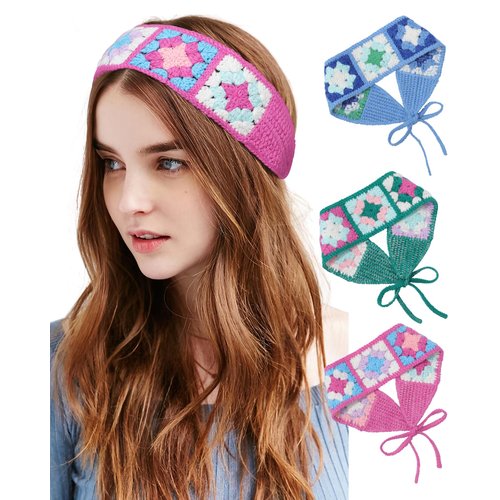 Ufgin Hippie Headbands for Women Crochet Hair Bandanas Boho Headbands Knit Hair Bands Hippie Floral Head Wrap for Women and Girls(Green + Rose Red + Blue)