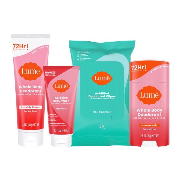 Lume Skin Care Gift Set for Women, Whole Body Deodorant Starter Pack - Smooth Solid Stick, Invisible Cream Tube, Acidified Body Wash Mini & Deodorant Wipes - Aluminum Free Odor Control (Peony Rose)