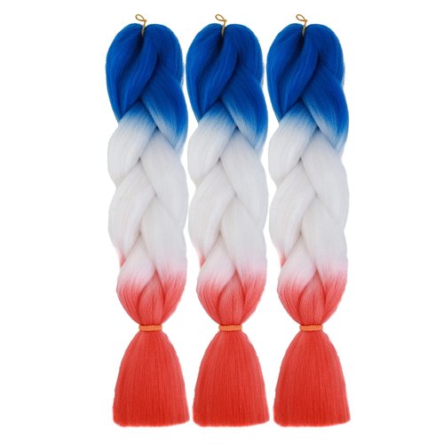 Sakkou Colored Ombre Jumbo Braiding Hair Extensions Synthetic Fiber for Twist Braids Braiding Hair Extension(3Pcs/Lot Blue/White/Red Orange-Red)