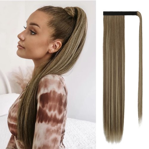 Sofeiyan Long Straight Ponytail Extension 26 inch Wrap Around Ponytail Synthetic Hair Extensions Clip in Ponytail Hairpiece for Women, Ash Brown Highlighted Bleach Blonde