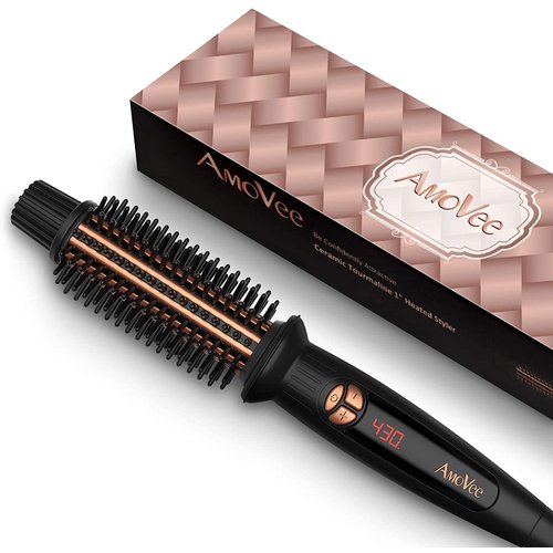 AmoVee Curling Iron Brush, 1 inch Heated Round Brush/Hair Curler/Straightener with Travel-Friendly Dual Voltage(100-240V), Tourmaline Ceramic Ionic, Heat Up Hot Brush for All Hair Types