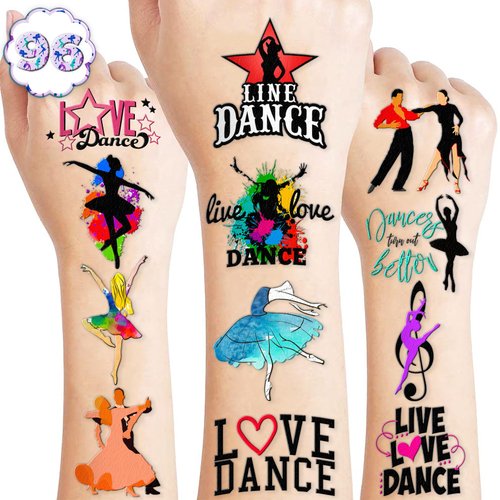 96PCS Dance Dancing Queen Temporary Tattoos Stickers Theme Birthday Party Supplies Decorations Favors Decor Cute Ballet Hip Hop Dancer Tattoo Gifts For Kids Adults Boys Girls Classroom Prizes Carnival