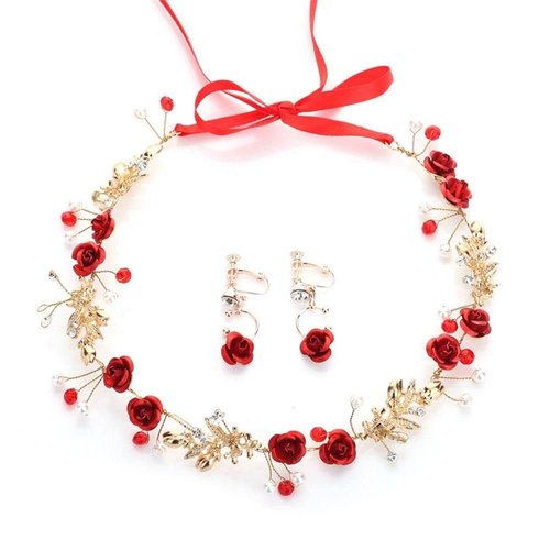 Vctitil Crystal Hairband Earring Set Red Headdress With Ribbon Wedding Jewelry Tiaras Rose Flower Crown Pearl Wedding Hair Jewelry