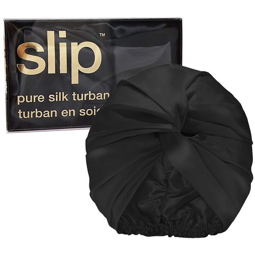 Slip Silk Turban, Black, One Size (21”- 28”) - Double-Lined Pure Mulberry Silk 22 Momme Hair Turban - Hair-Friendly, Lightweight and Multipurpose Head Wrap + Sleeping Cap for Curly + Thick Hair Types