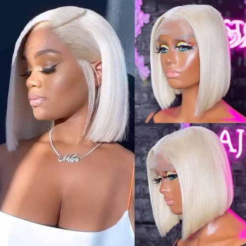 Mscathy Platinum Blonde 13X4 Human Hair Bob Wig HD Lace Front Breathable Hair Pre Plucked Transparent 180% Density Lace Front Wigs Human Hair for Woman 10 Inch