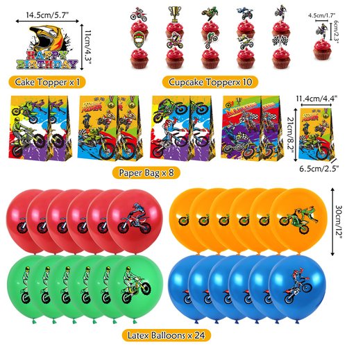 Dirt Bike Birthday Decoration, Includes Happy Birthday Banner, Cake Toppers, Hanging Swirls, Balloons, Party Gif Bags, Tablecloth, for Kids Boys Girls Motorcycle Extreme Sports Birthday Decoration