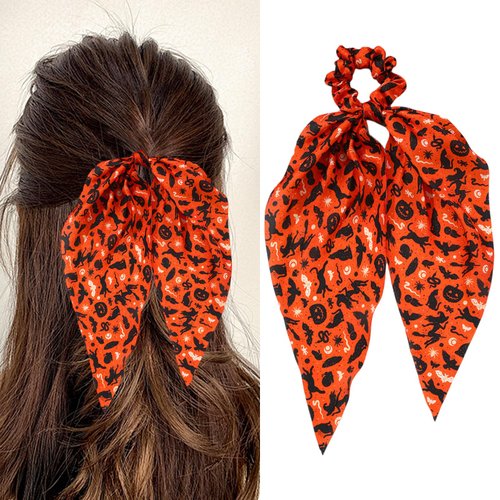 Halloween Bow Scarf Scrunchies Pumpkin Hair Ties Orange Bow Silk Hair Scrunchies Bat Witch Hair Elastic Bands Ponytail Holder Hair Rope for Woman Girl Halloween Party Hair Accessories(01)