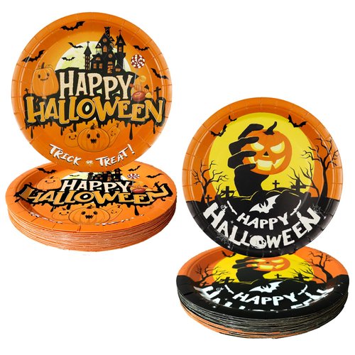 YJOY 50 PCS Halloween Disposable Paper Plates,Bat Castle and Skull Pumpkin Style,9 Inches Halloween Party Supplies for Dining Table