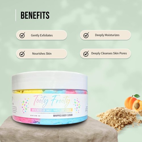 Tooty Frooty - Whipped Body ScrubNaturally Vain Tooty Frooty Whipped Body Scrub, Body Wash, Body Scrub, Apricot, Exfoliant, Soft Skin, Moisturizing, Body Skin Care