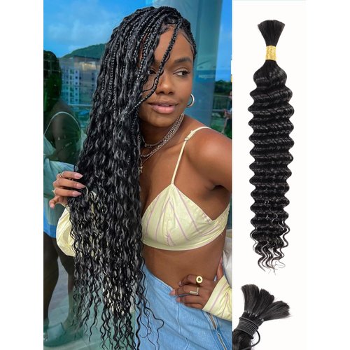 Human Braiding Hair 1 Bundle 50g 20 Inch Deep Water Wave Bulk Human Hair for Braiding No Weft 12A Brazilian Virgin Curly Human Hair Extensions for Boho Braids Wet and Wavy Human Hair Braiding Hair