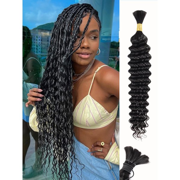 Human Braiding Hair 1 Bundle 50g 20 Inch Deep Water Wave Bulk Human Hair for Braiding No Weft 12A Brazilian Virgin Curly Human Hair Extensions for Boho Braids Wet and Wavy Human Hair Braiding Hair