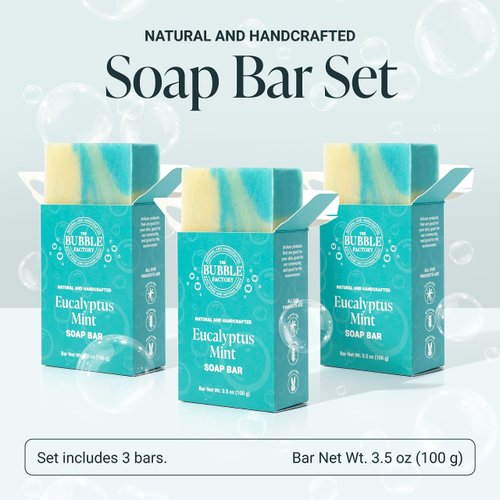 The Bubble Factory Eucalyptus Mint - Handmade in the USA, Palm Oil Free, All Natural Bar Soap, 3 Bars